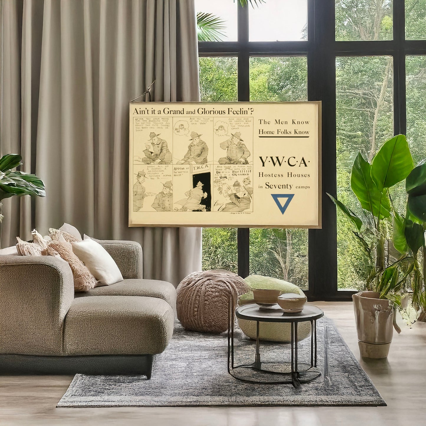 A picture of The men know home folks know YWCA hostess houses in seventy camps /, a mockup of the print leaning against a wall