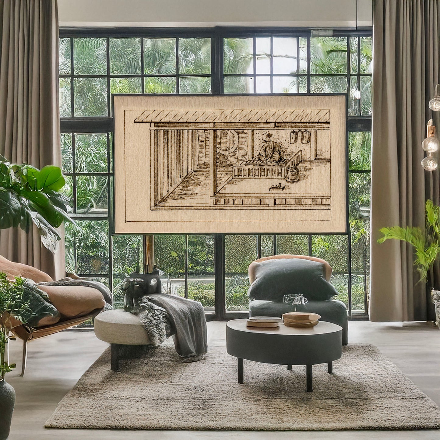 A picture of The merchant with his counting frame, a mockup of the print leaning against a wall