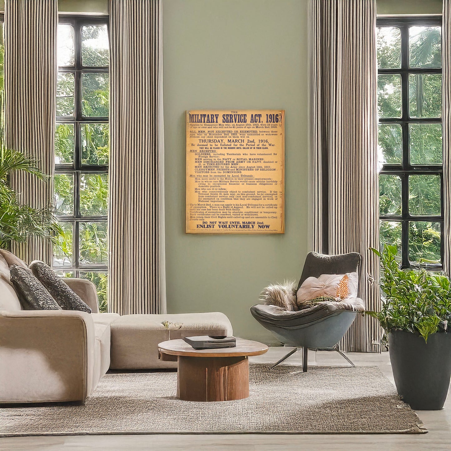 A picture of The military service act, 1916 ... Do not wait until March 2nd. Enlist voluntarily now, a mockup of the print leaning against a wall