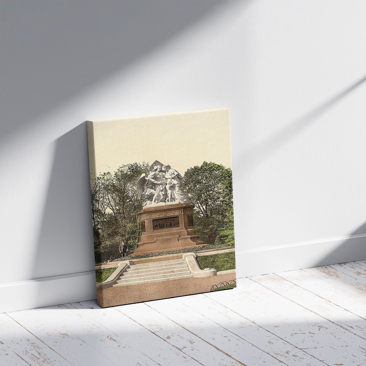 A picture of The Monument of Strasburg, Basle, Switzerland, a mockup of the print leaning against a wall