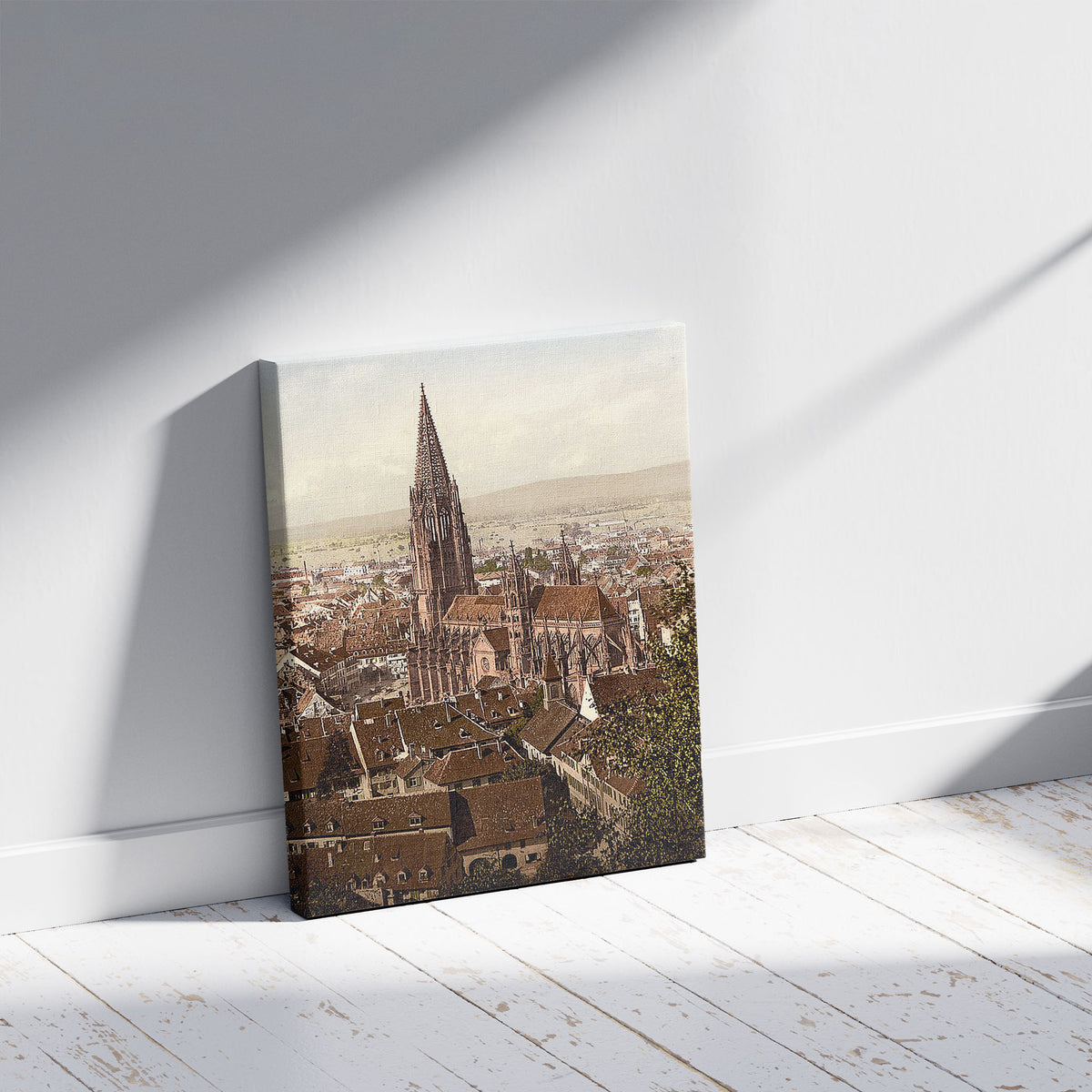 A picture of The Munster, Freiburg, Baden, Germany, a mockup of the print leaning against a wall