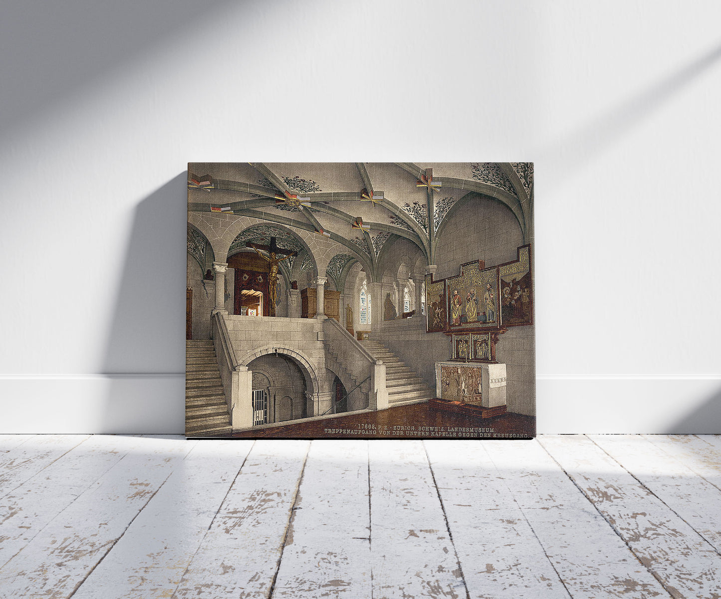 A picture of The museum, the steps from the lower chapel, Zurich, Switzerland, a mockup of the print leaning against a wall