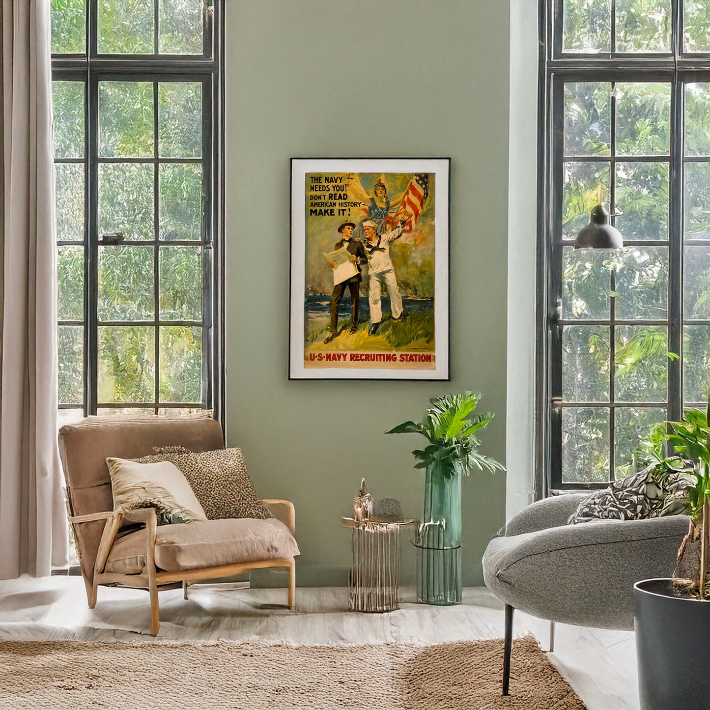 A picture of The Navy needs you! Don't read American history - make it!, a mockup of the print leaning against a wall