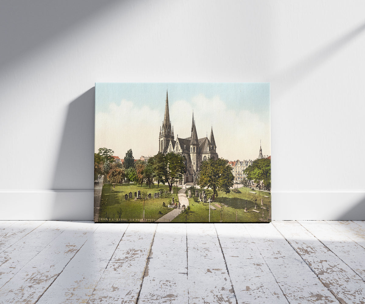 A picture of The New Luther Church, Cassel (i.e., Kassel), Hesse-Nassau, Germany, a mockup of the print leaning against a wall