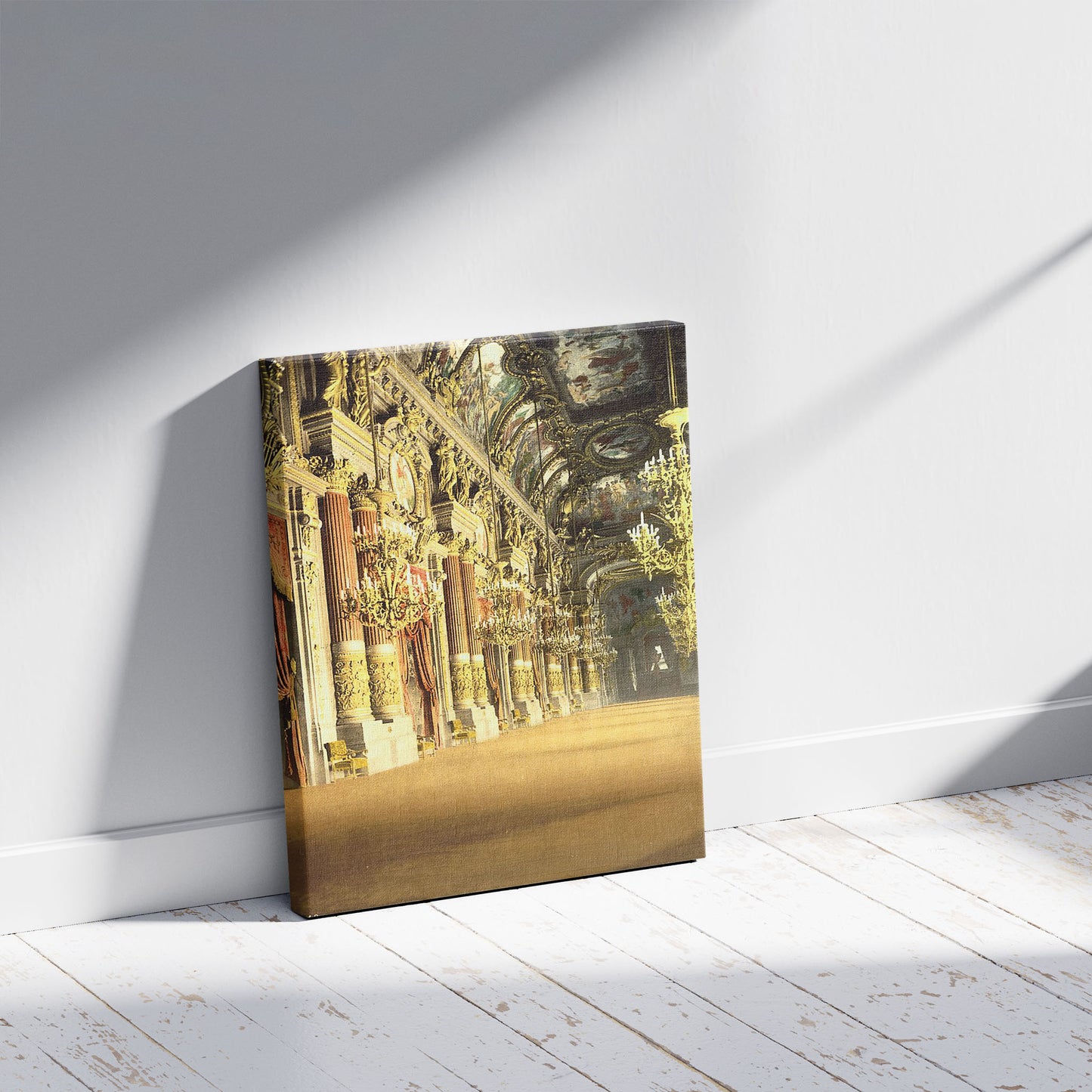 A picture of The Opera House, the foyer, Paris, France, a mockup of the print leaning against a wall