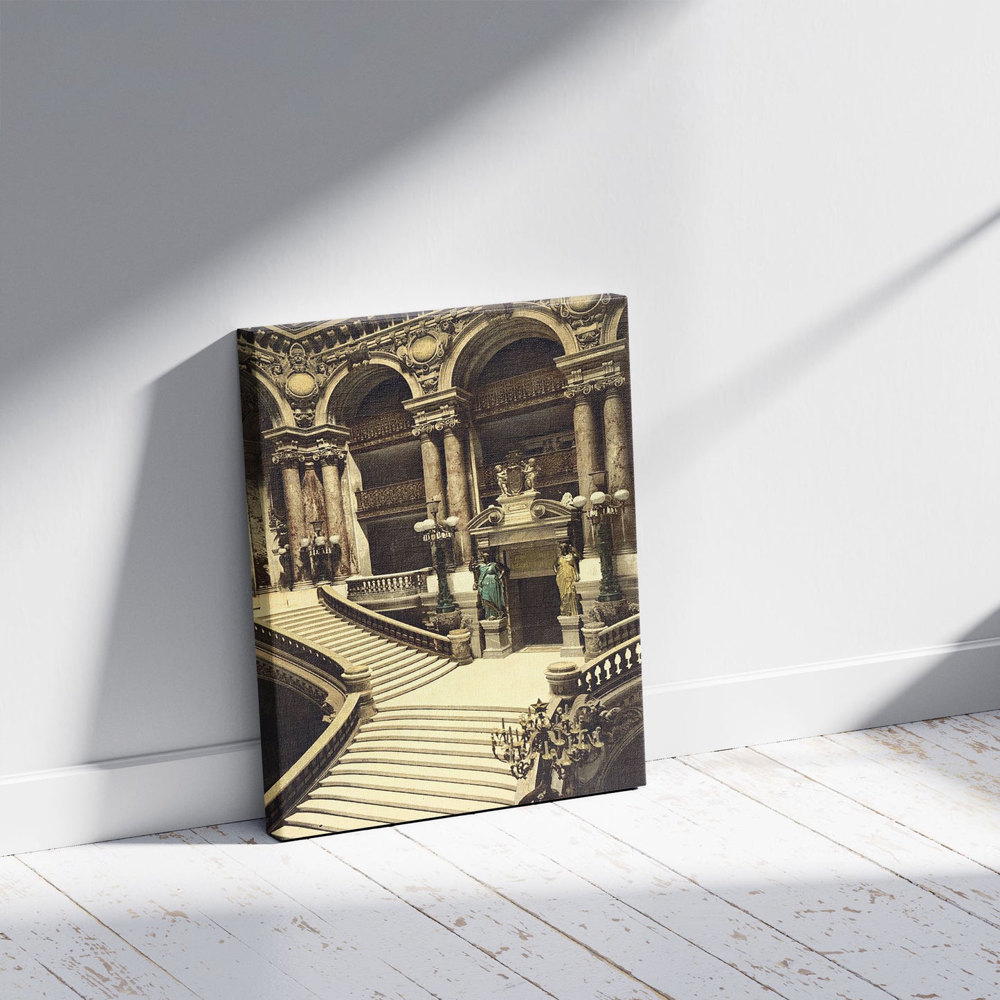 A picture of The Opera House, the grand staircase, Paris, France, a mockup of the print leaning against a wall