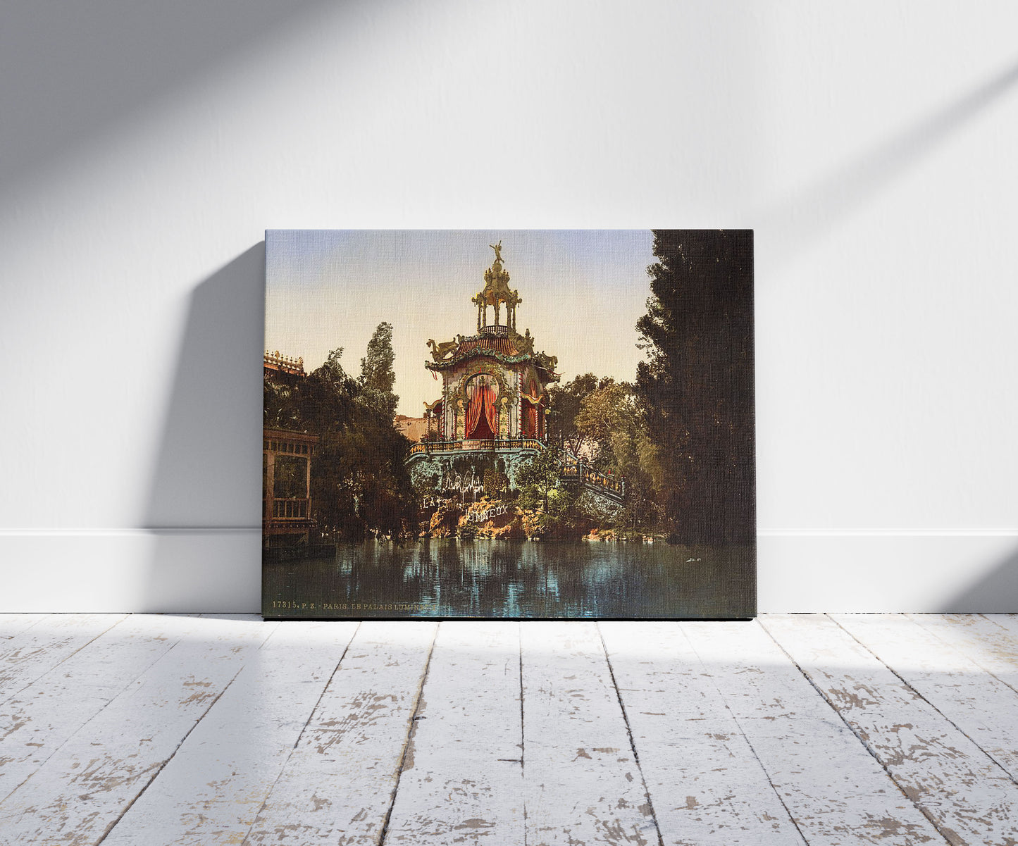 A picture of The Palace Lumineux, Exposition Universal, 1900, Paris, France, a mockup of the print leaning against a wall