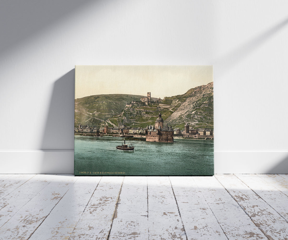 A picture of The Pfalz on the Rhine, Coub (i.e., Kaub), the Rhine, Germany, a mockup of the print leaning against a wall