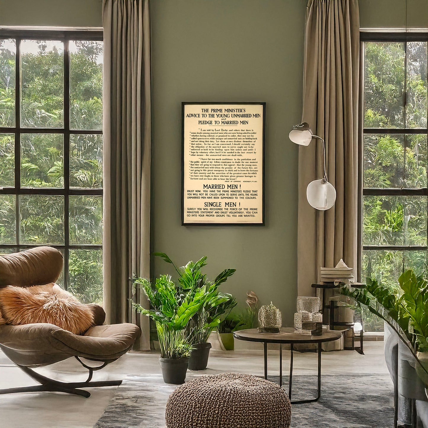 A picture of The prime minister's advice to the young unmarried men and pledge to married men, a mockup of the print leaning against a wall