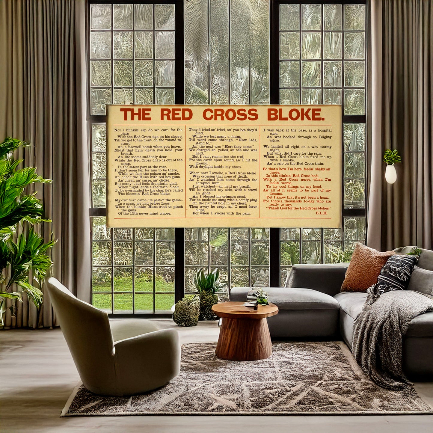 A picture of The Red Cross bloke, a mockup of the print leaning against a wall