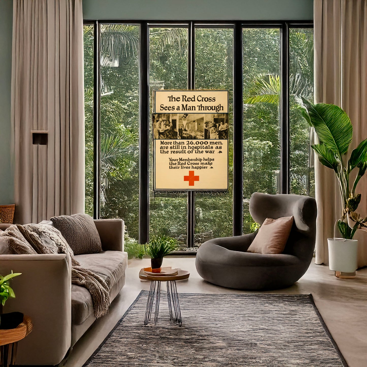 A picture of The Red Cross sees a man through More than 26,000 men are still in hospitals as a result of the war., a mockup of the print leaning against a wall