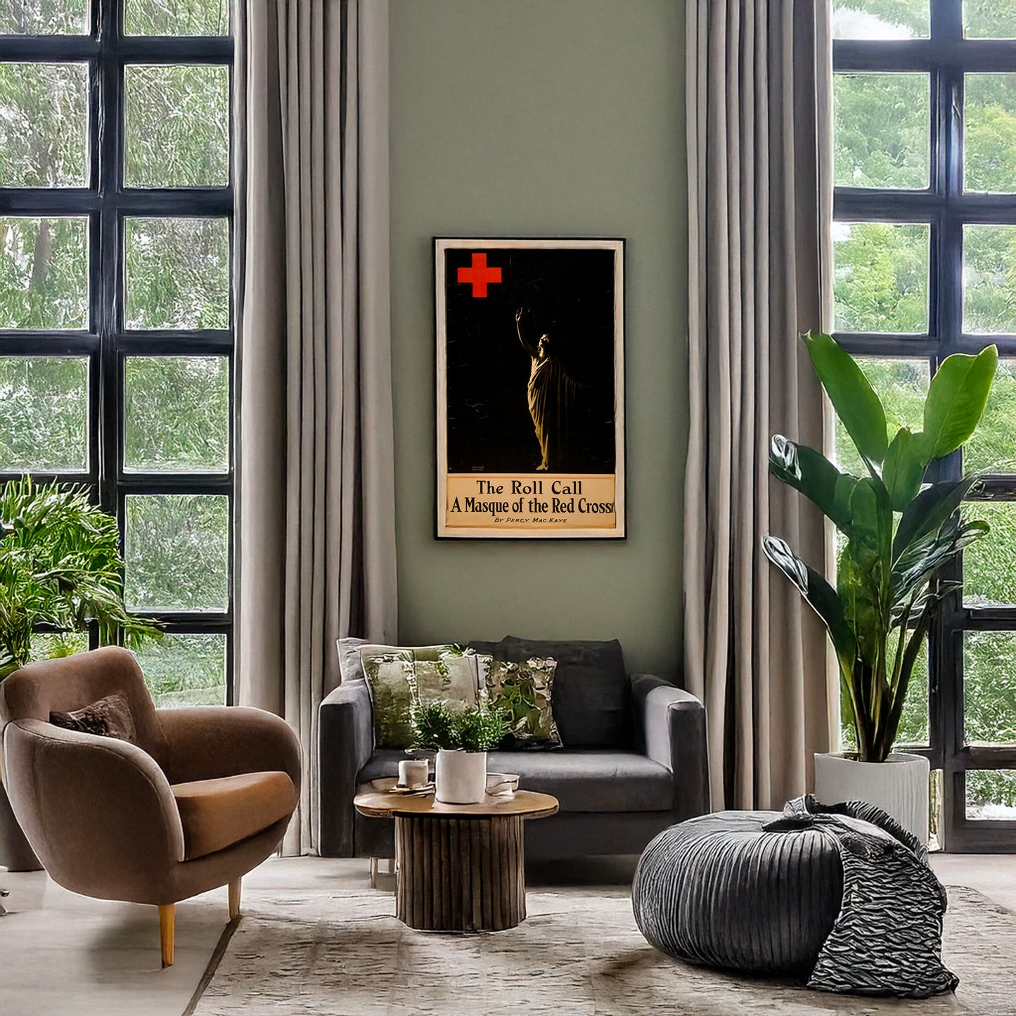 A picture of The roll call, a masque of the Red Cross, by Percy MacKaye, a mockup of the print leaning against a wall
