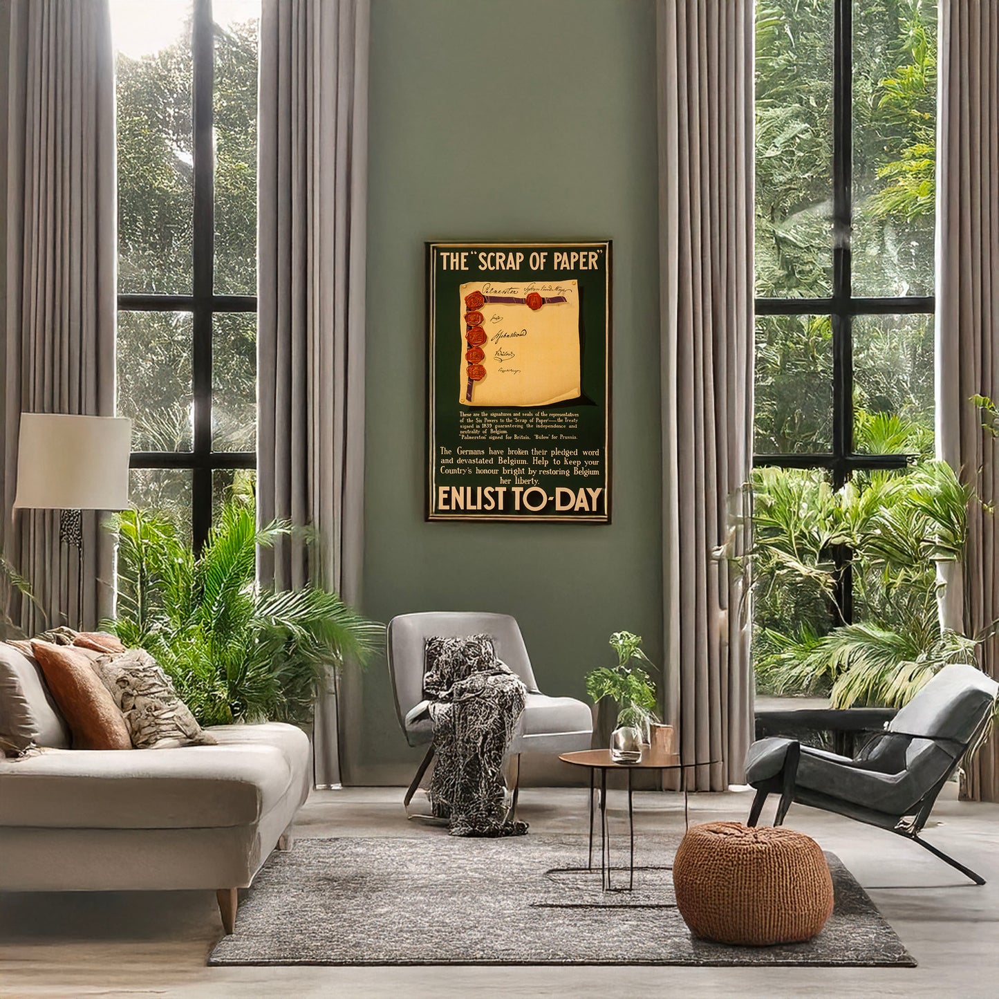 A picture of The "scrap of paper." Enlist to-day, a mockup of the print leaning against a wall