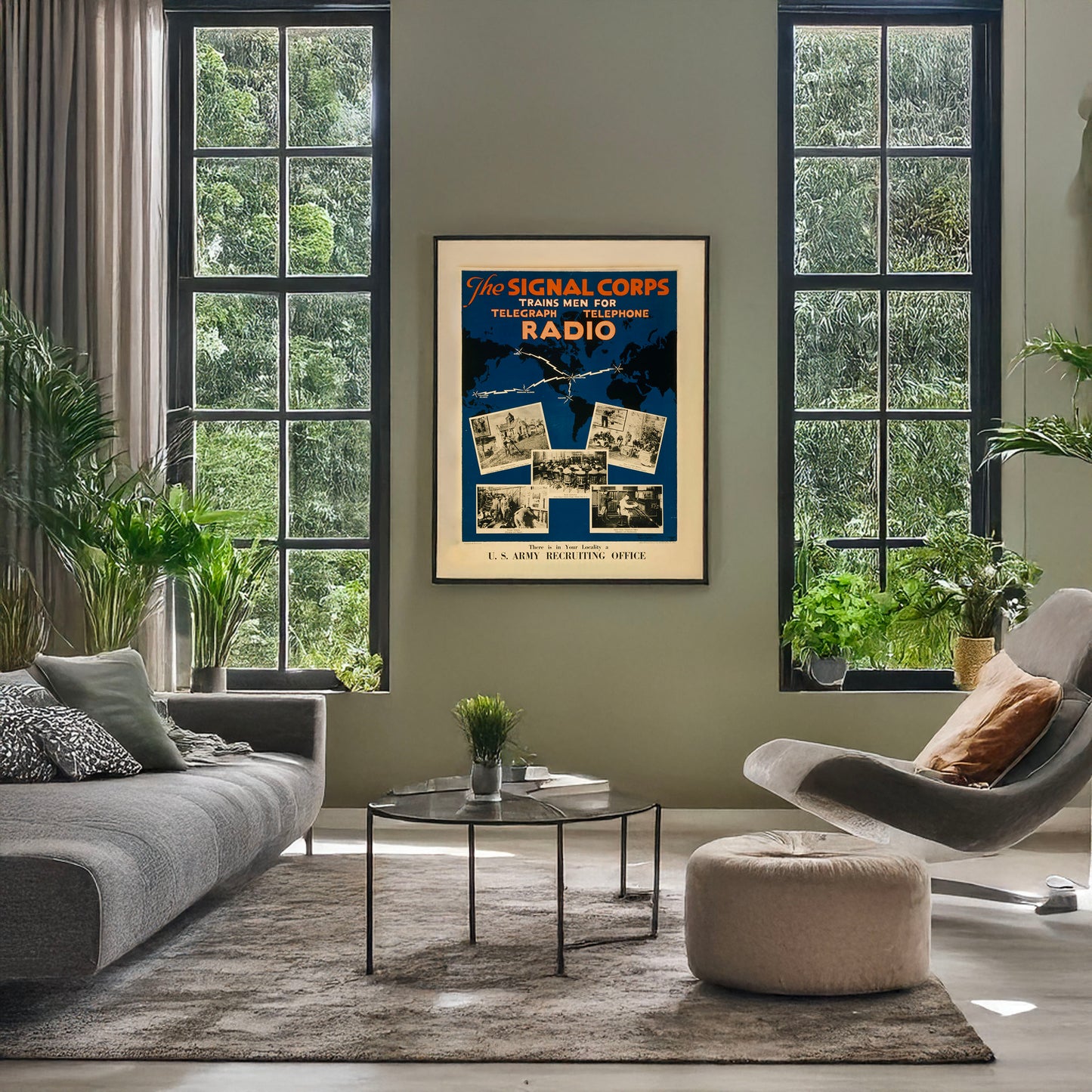 A picture of The Signal Corps trains men for telegraph, telephone, radio There is in your locality a U.S. Army recruiting office /, a mockup of the print leaning against a wall