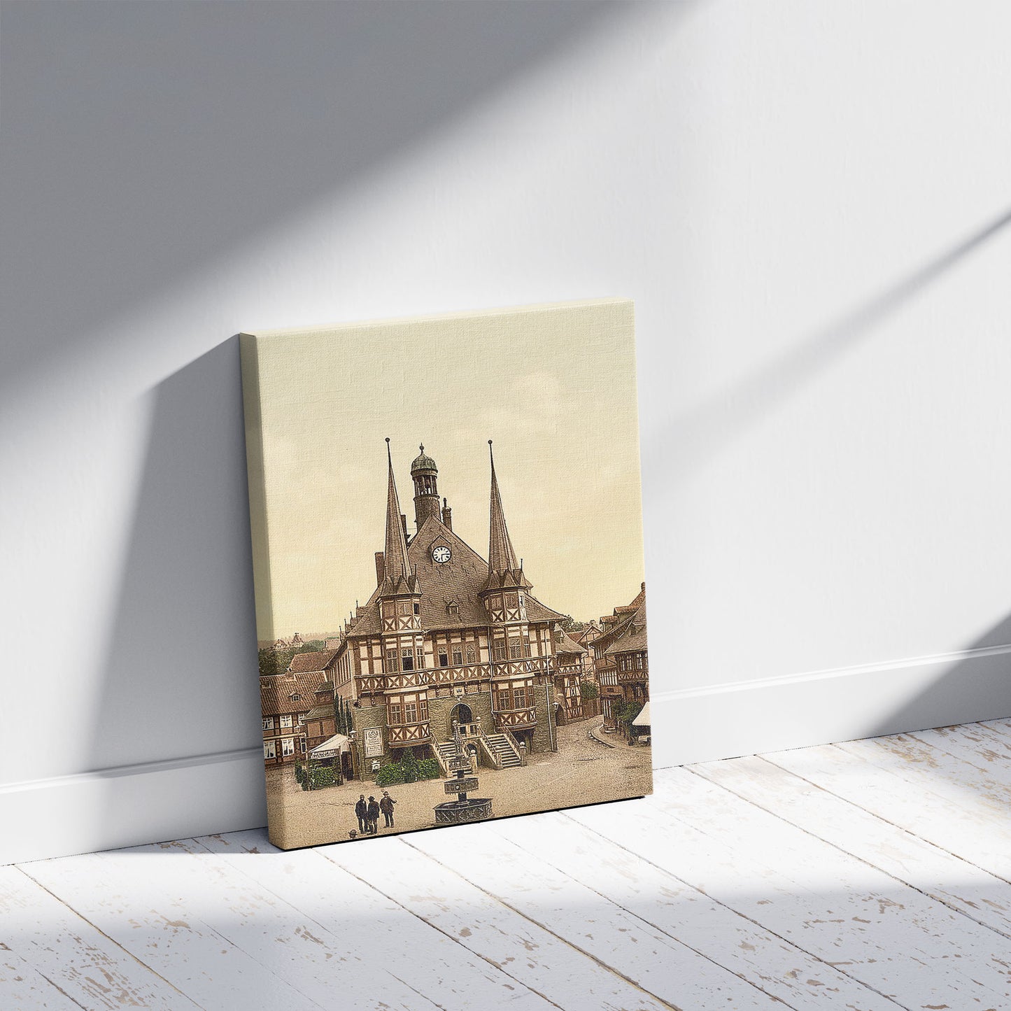 A picture of The town hall, Wernigerode, Hartz, Germany, a mockup of the print leaning against a wall