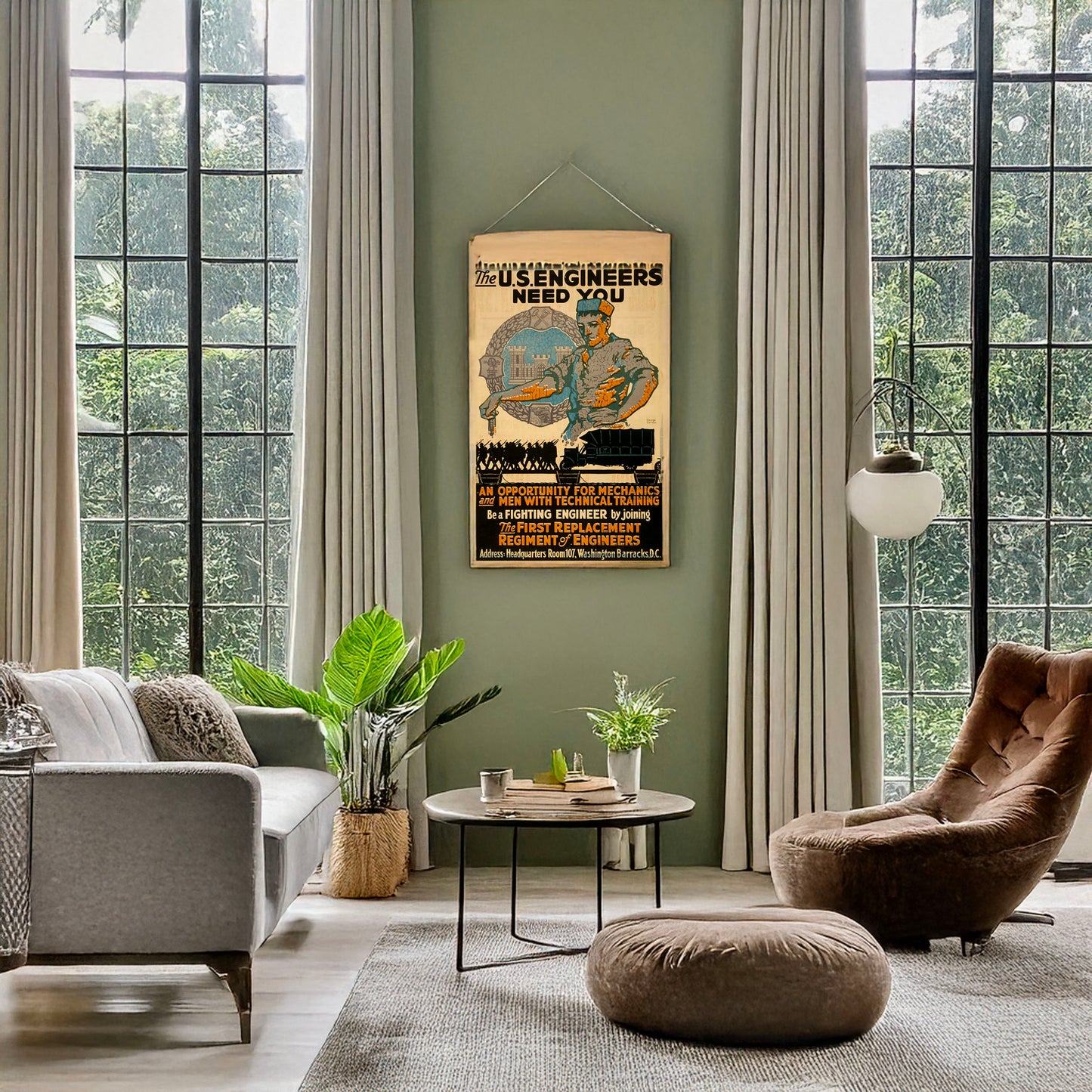 A picture of The U.S. Engineers need you, a mockup of the print leaning against a wall