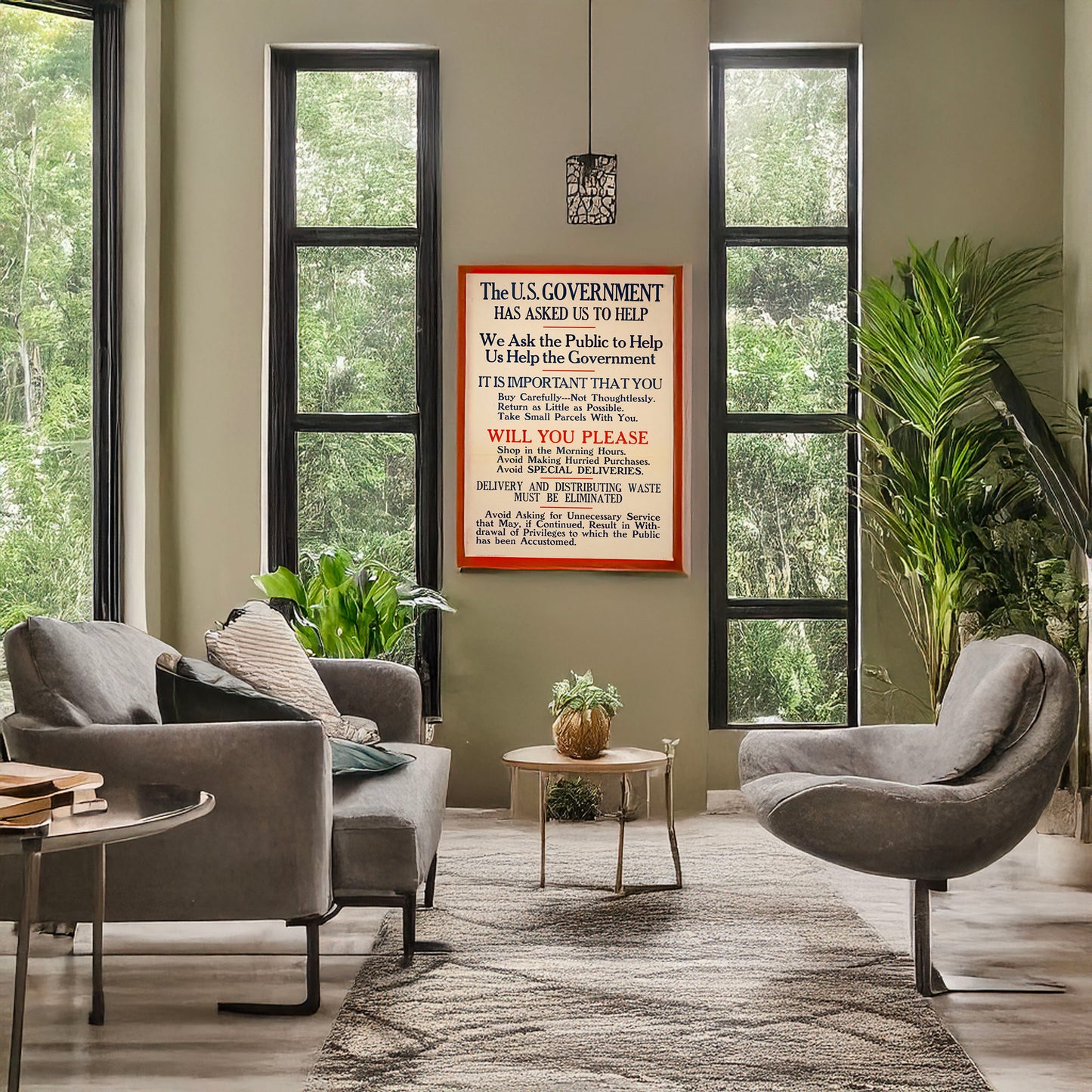 A picture of The U.S. government has asked us to help ... Delivery and distributing waste must be eliminated ...., a mockup of the print leaning against a wall