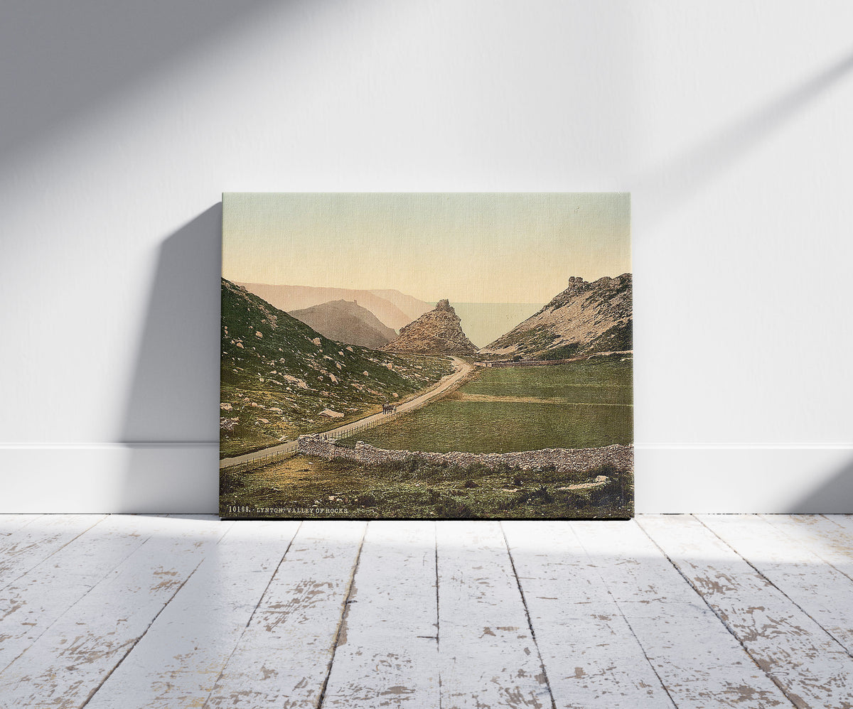 A picture of The Valley of Rocks, Lynton and Lynmouth, England, a mockup of the print leaning against a wall