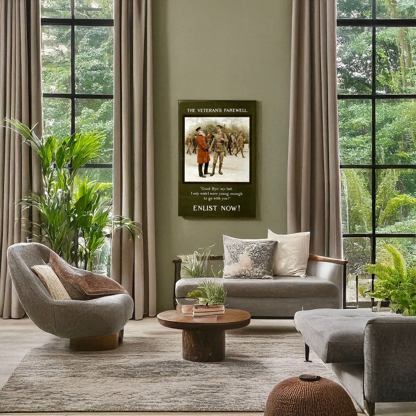 A picture of The veteran's farewell. Enlist now!, a mockup of the print leaning against a wall