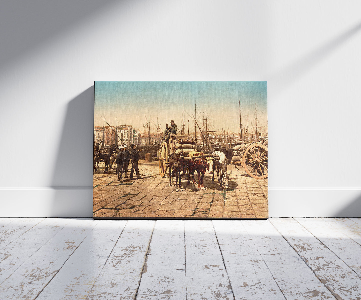 A picture of The wharf, Naples, Italy, a mockup of the print leaning against a wall
