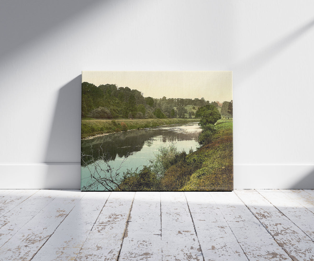 A picture of The Wye, Goodrich, England, a mockup of the print leaning against a wall