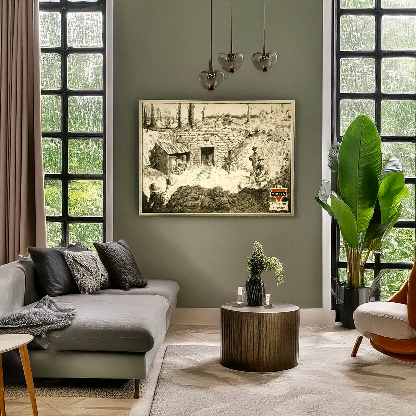 A picture of The Y.M.C.A. A dug-out in France, a mockup of the print leaning against a wall