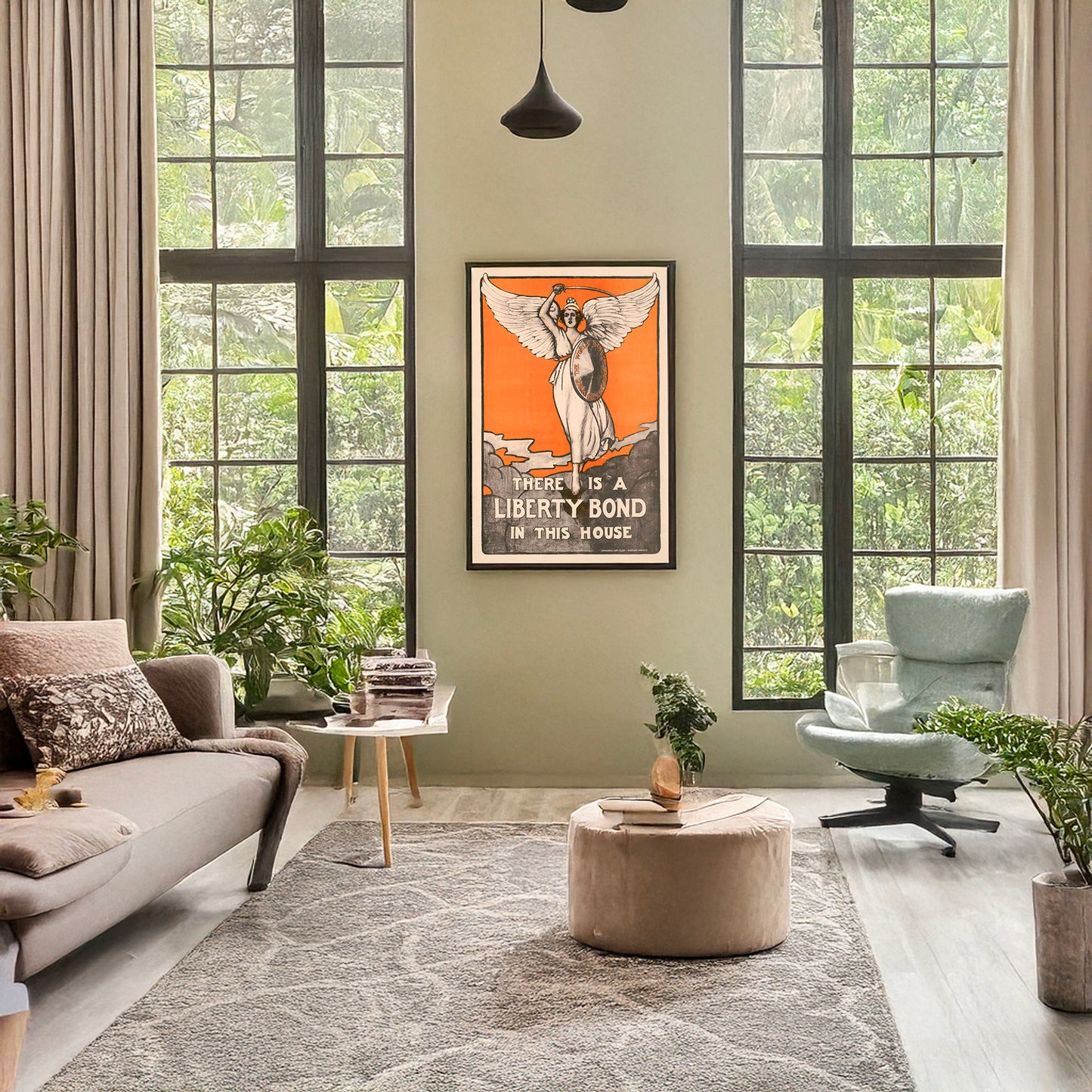 A picture of There is a Liberty Bond in this house, a mockup of the print leaning against a wall