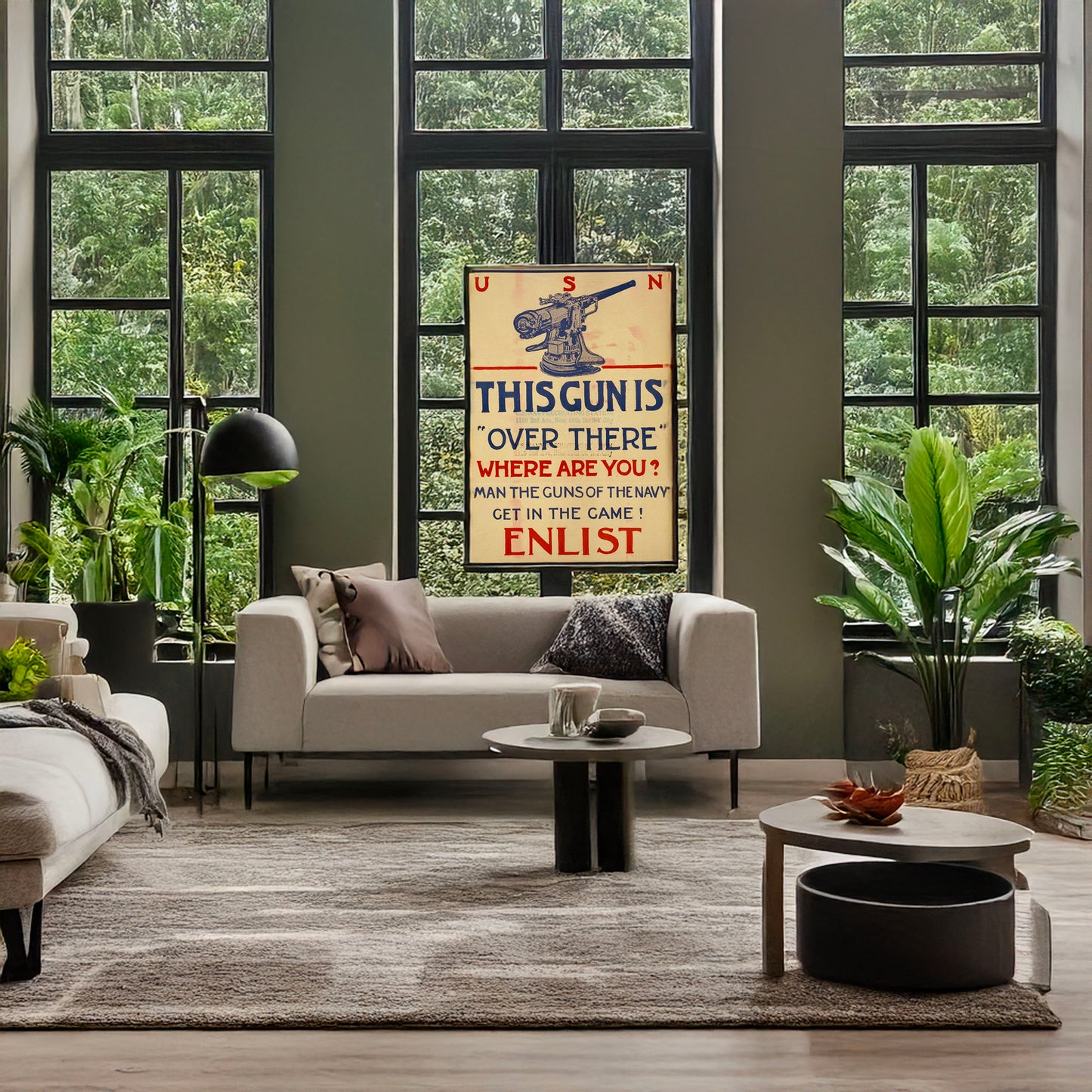 A picture of This gun is "over there"--Where are you? Man the guns of the Navy--Get in the game!--Enlist., a mockup of the print leaning against a wall