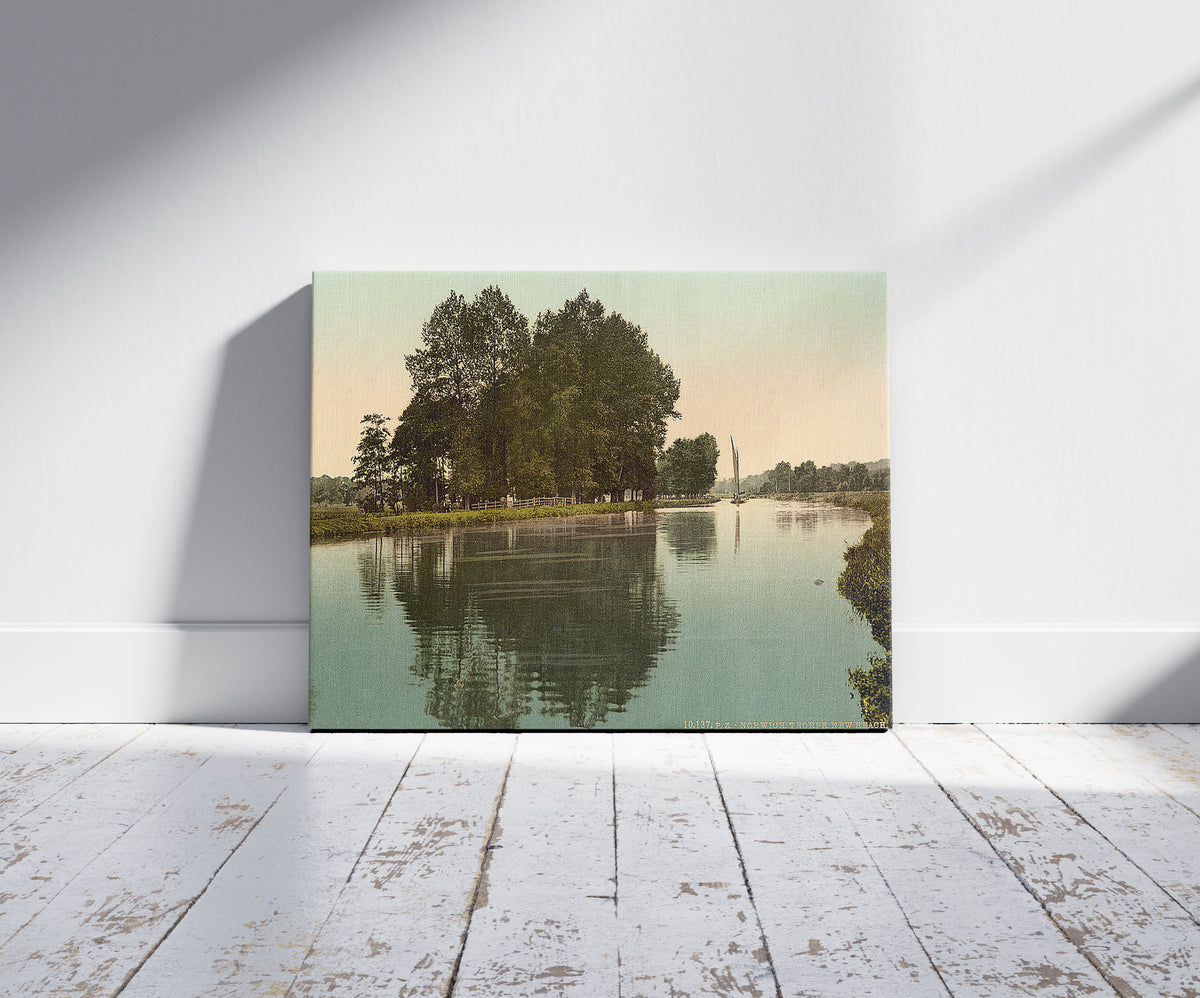 A picture of Thorpe, New Reach, Norwich, England, a mockup of the print leaning against a wall