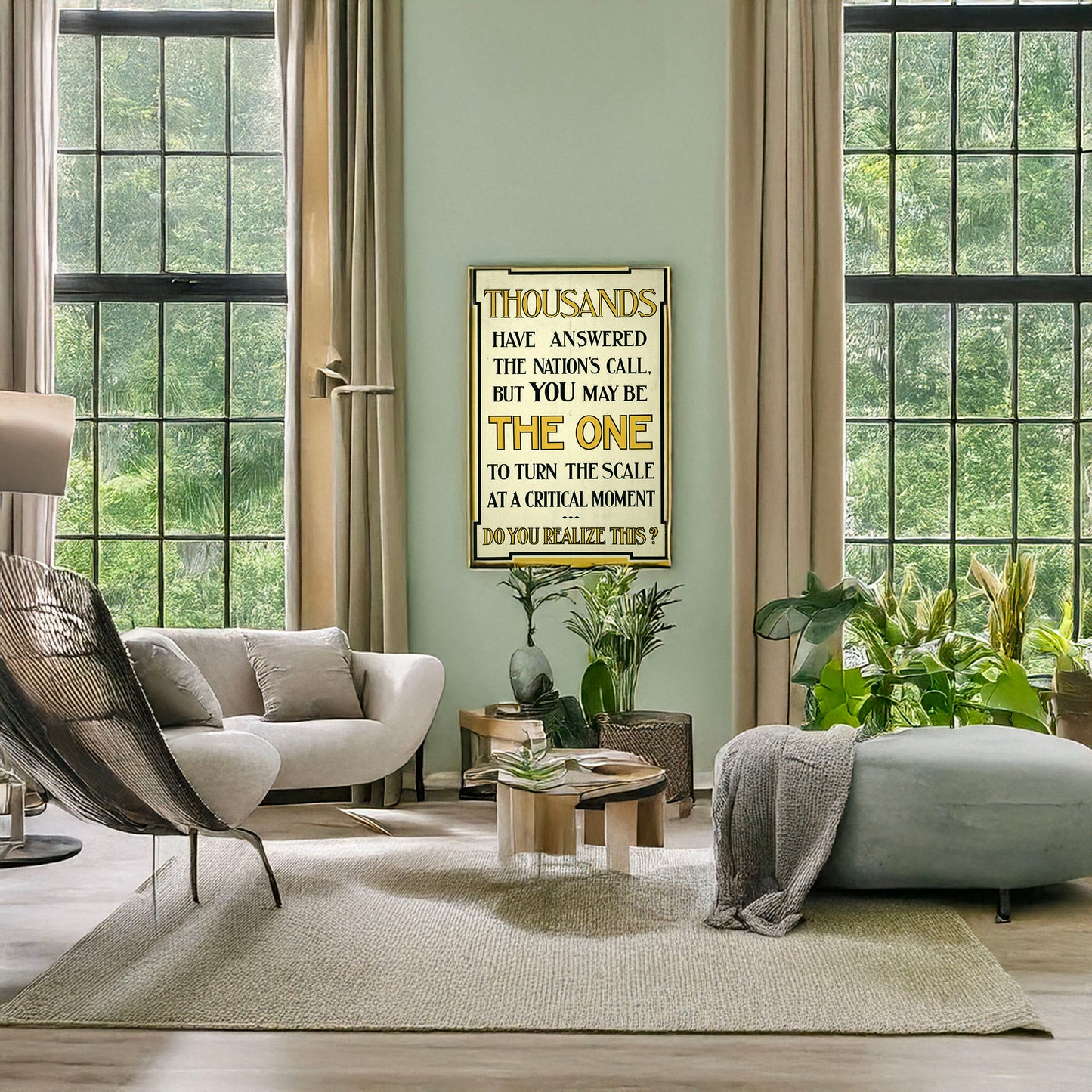A picture of Thousands have answered the nation's call, but you may be the one to turn the scale at a critical moment. Do you realize this?, a mockup of the print leaning against a wall