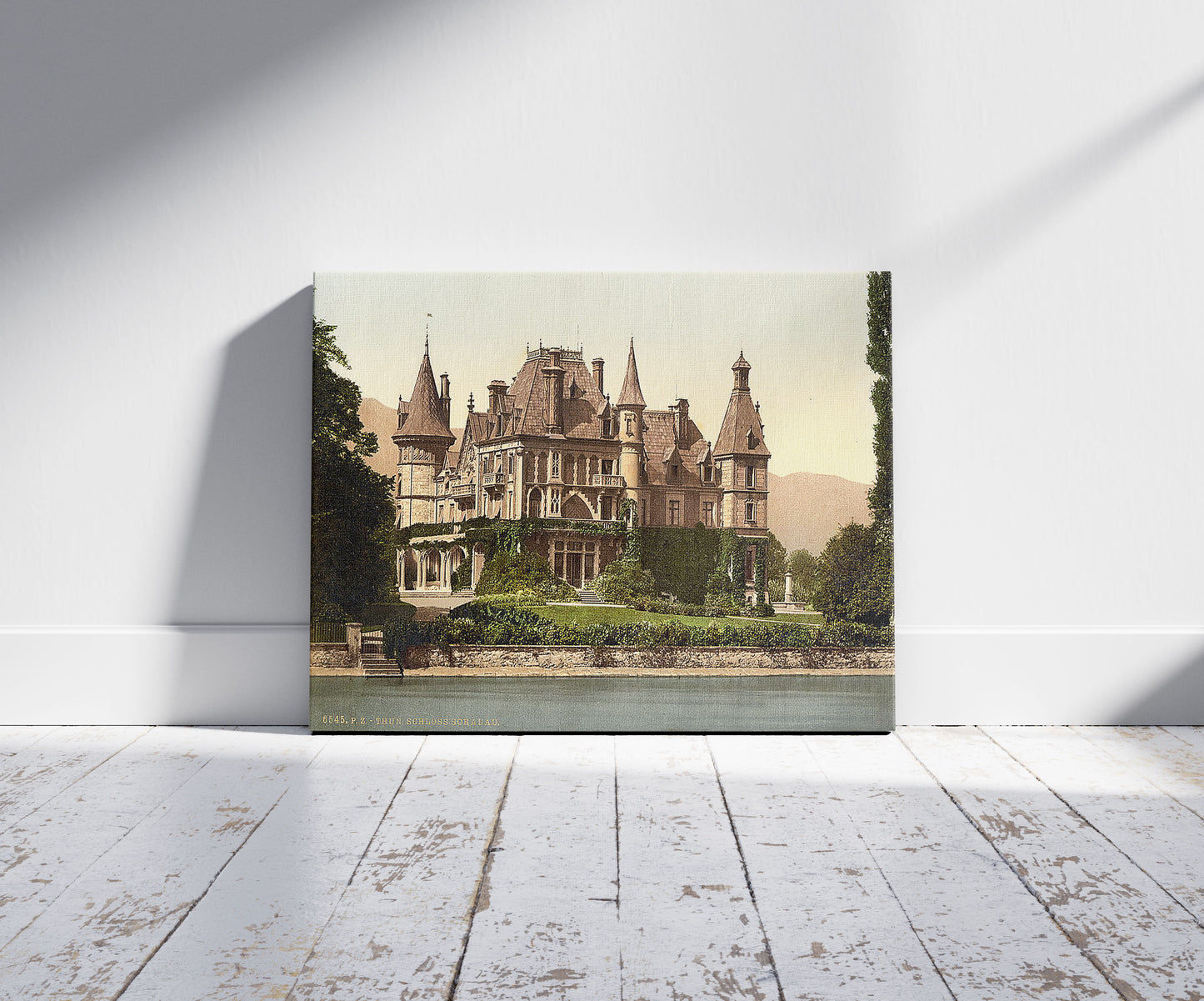A picture of Thun, Shadau Castle, Bernese Oberland, Switzerland, a mockup of the print leaning against a wall