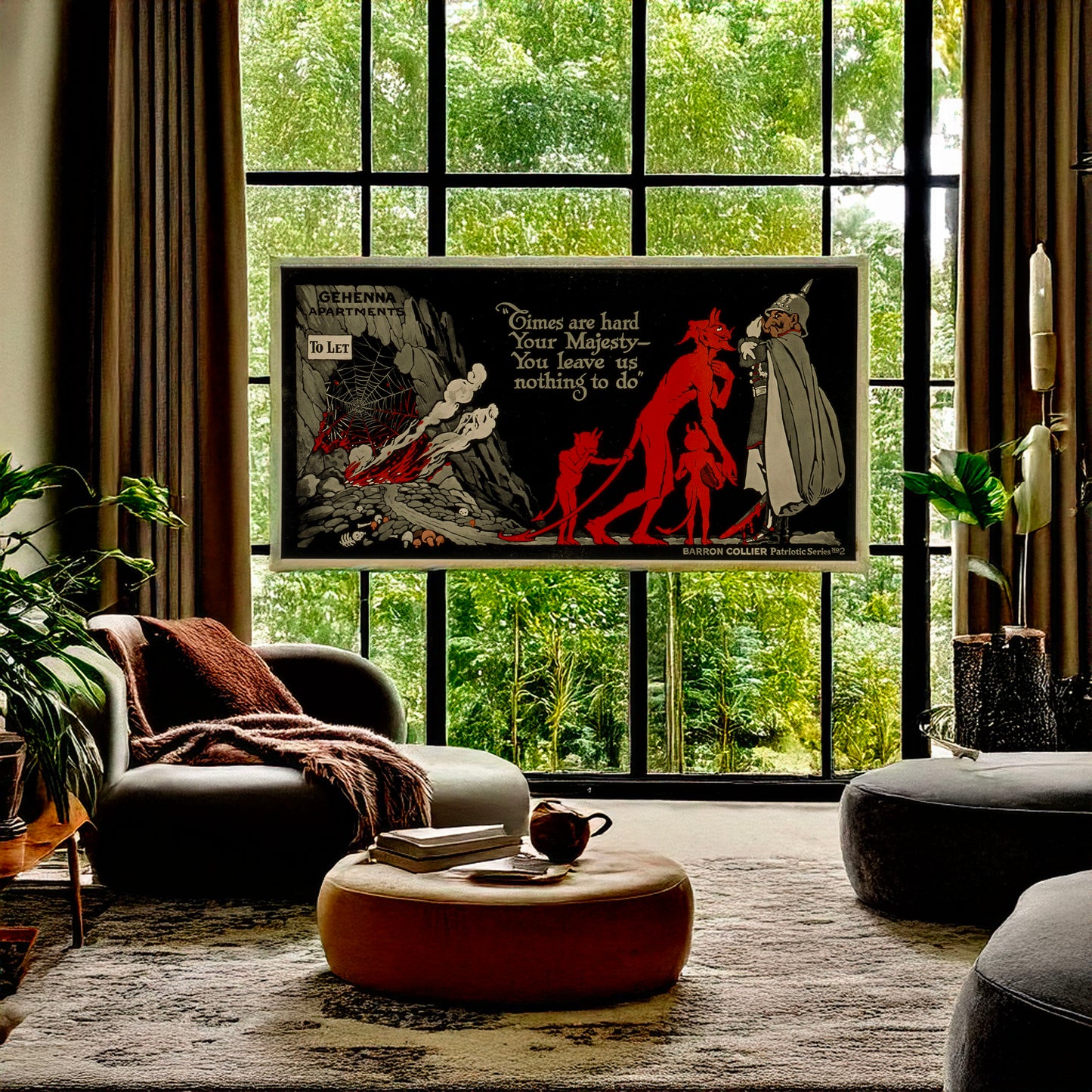 A picture of "Times are hard your Majesty - you leave us nothing to do", a mockup of the print leaning against a wall