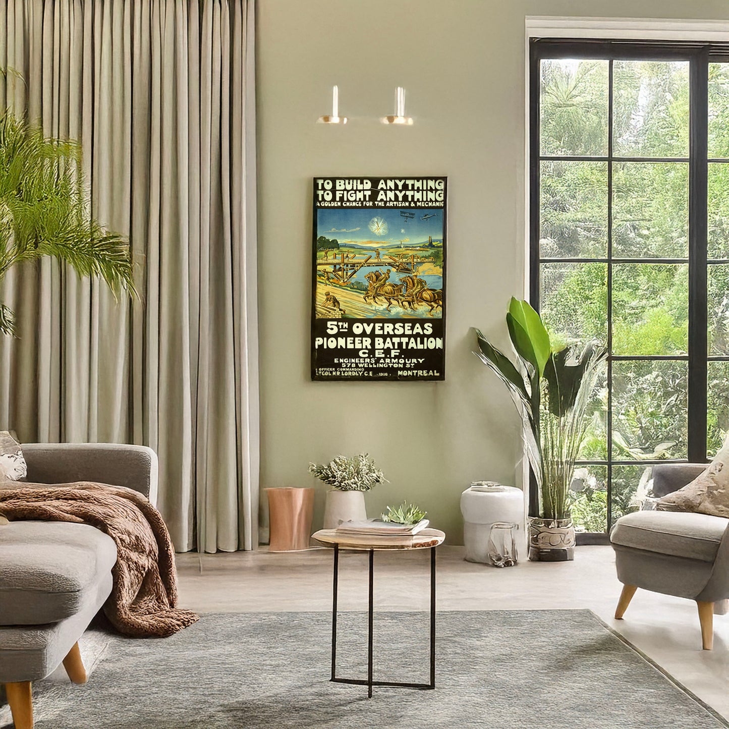 A picture of To build anything, to fight anything ... 5th Overseas Pioneer Battalion, C.E.F., a mockup of the print leaning against a wall