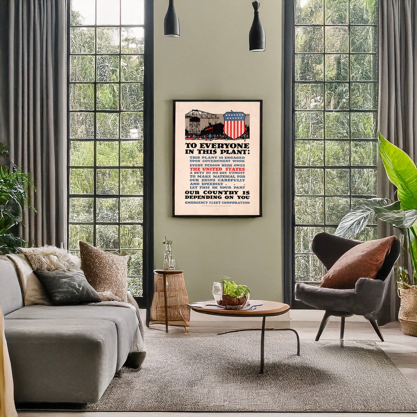 A picture of To everyone in this plant: This plant is engaged upon government work ... Our country is depending on you, a mockup of the print leaning against a wall