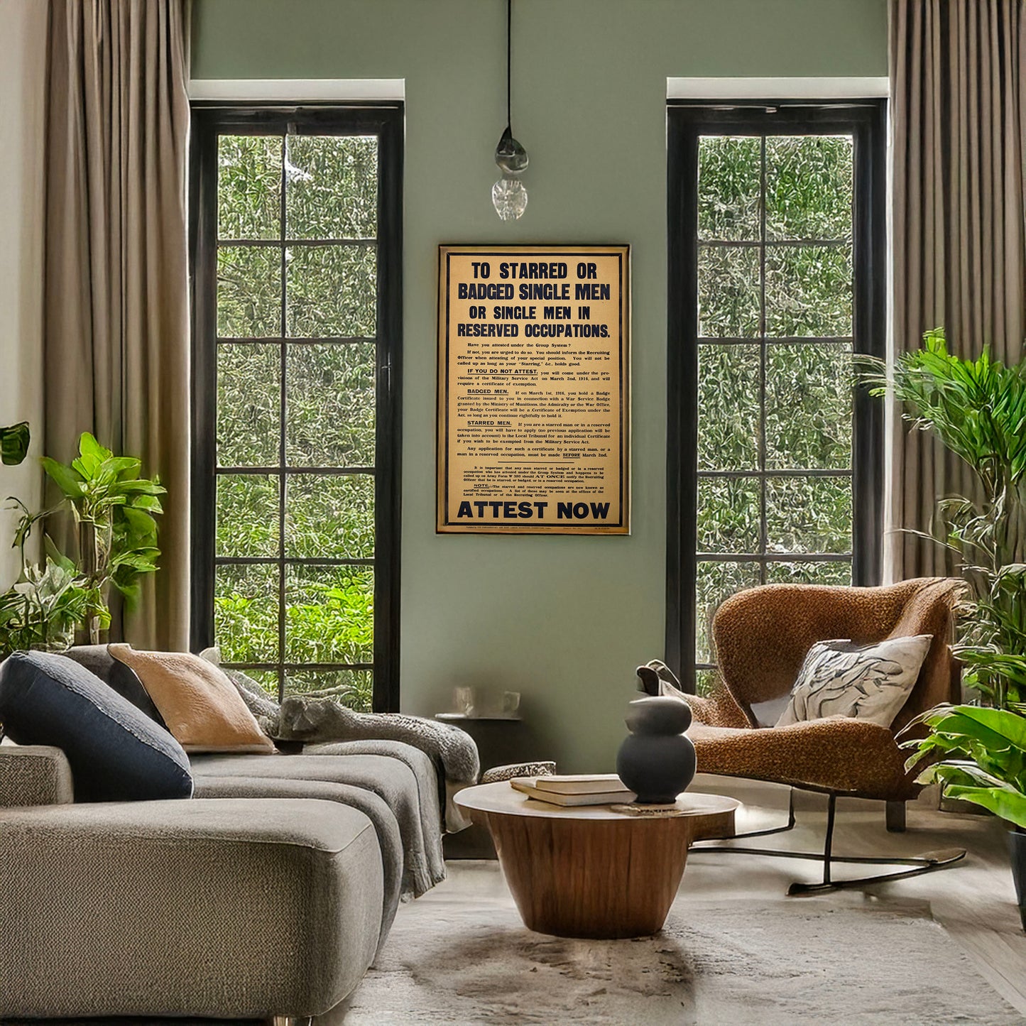 A picture of To starred or badged single men or single men in reserved occupations. Have you attested under the group system? ... Attest now, a mockup of the print leaning against a wall