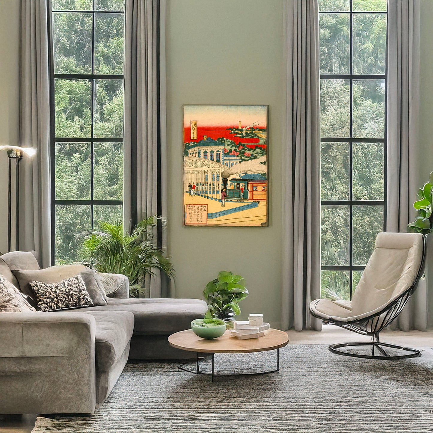 A picture of Tōkyō Ueno yama shita yori Nakasendō ōfuku jōkitetsudō no zu, a mockup of the print leaning against a wall