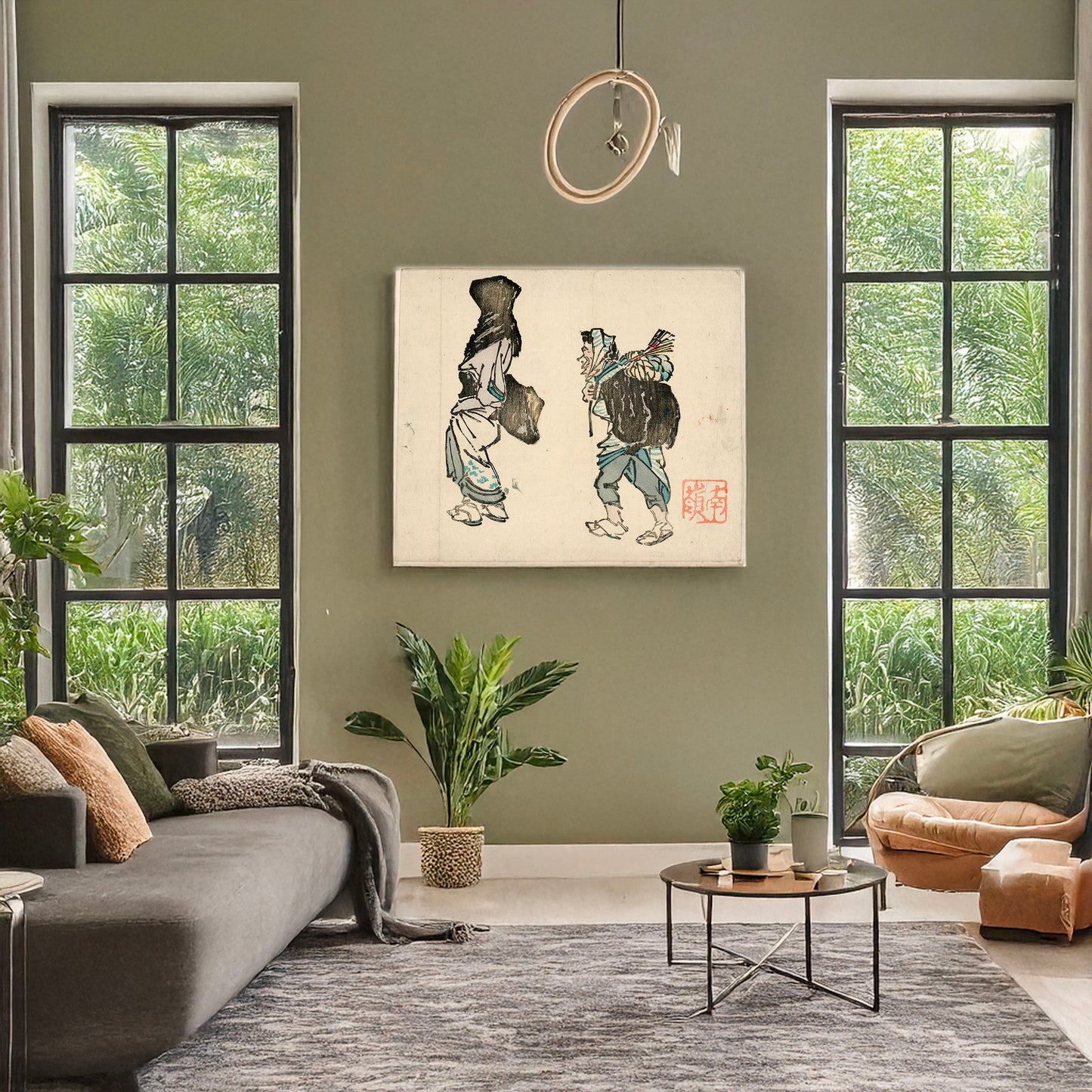 A picture of Tori no machi no kaimono, a mockup of the print leaning against a wall