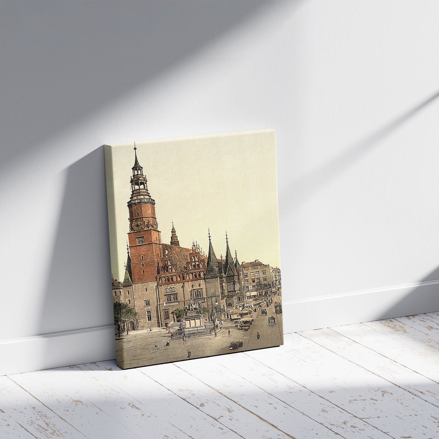 A picture of Town hall, Breslau, Silesia, Germany (i.e., Wrocław, Poland), a mockup of the print leaning against a wall