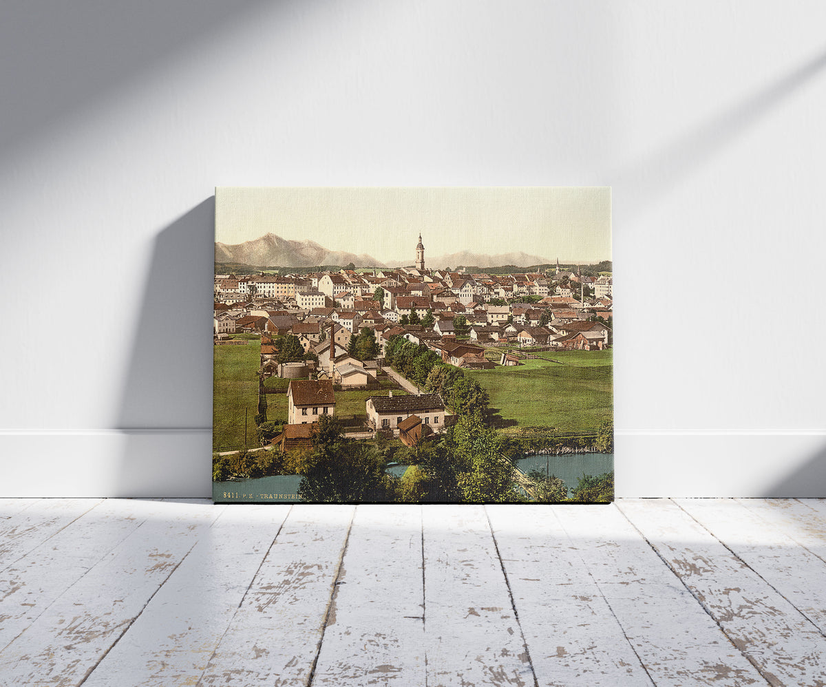 A picture of Traunstein, general view, Upper Bavaria, Germany, a mockup of the print leaning against a wall