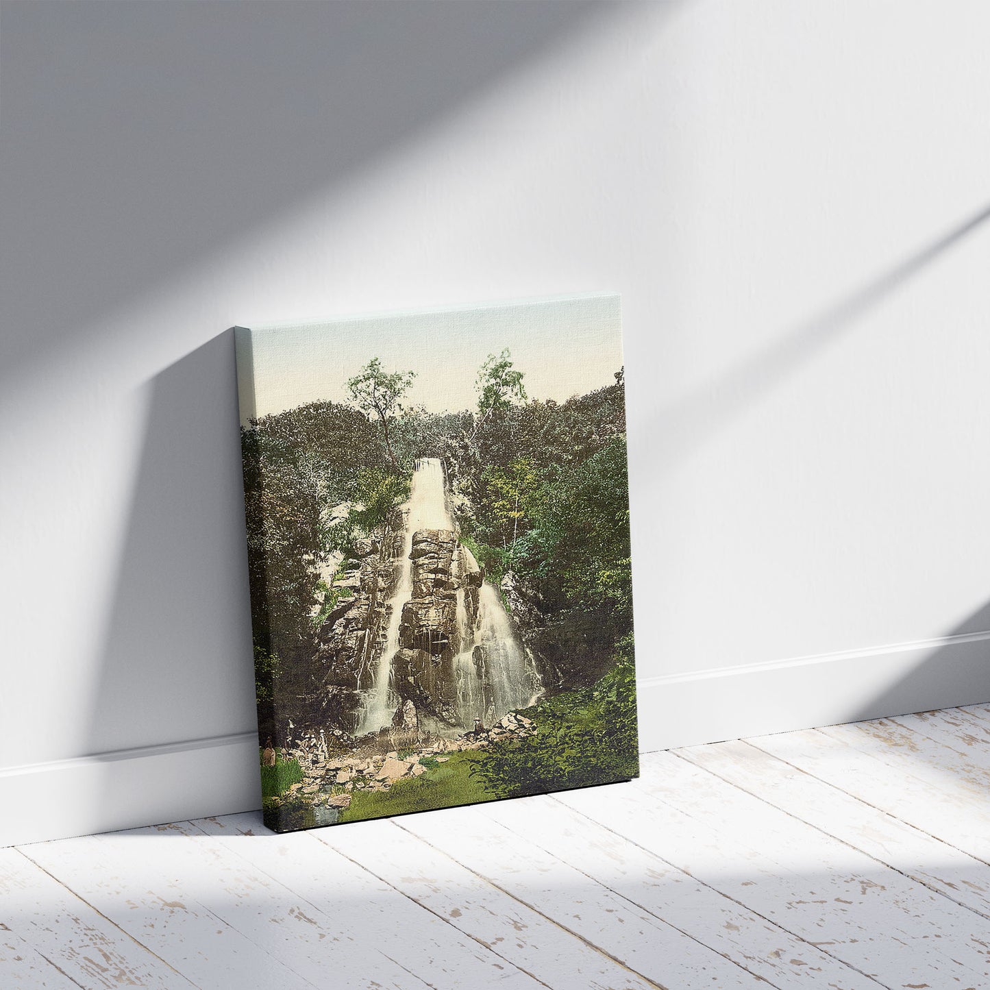 A picture of Trusenfall, near Liebenstein (i.e., Bad Liebenstein), Thuringia, Germany, a mockup of the print leaning against a wall