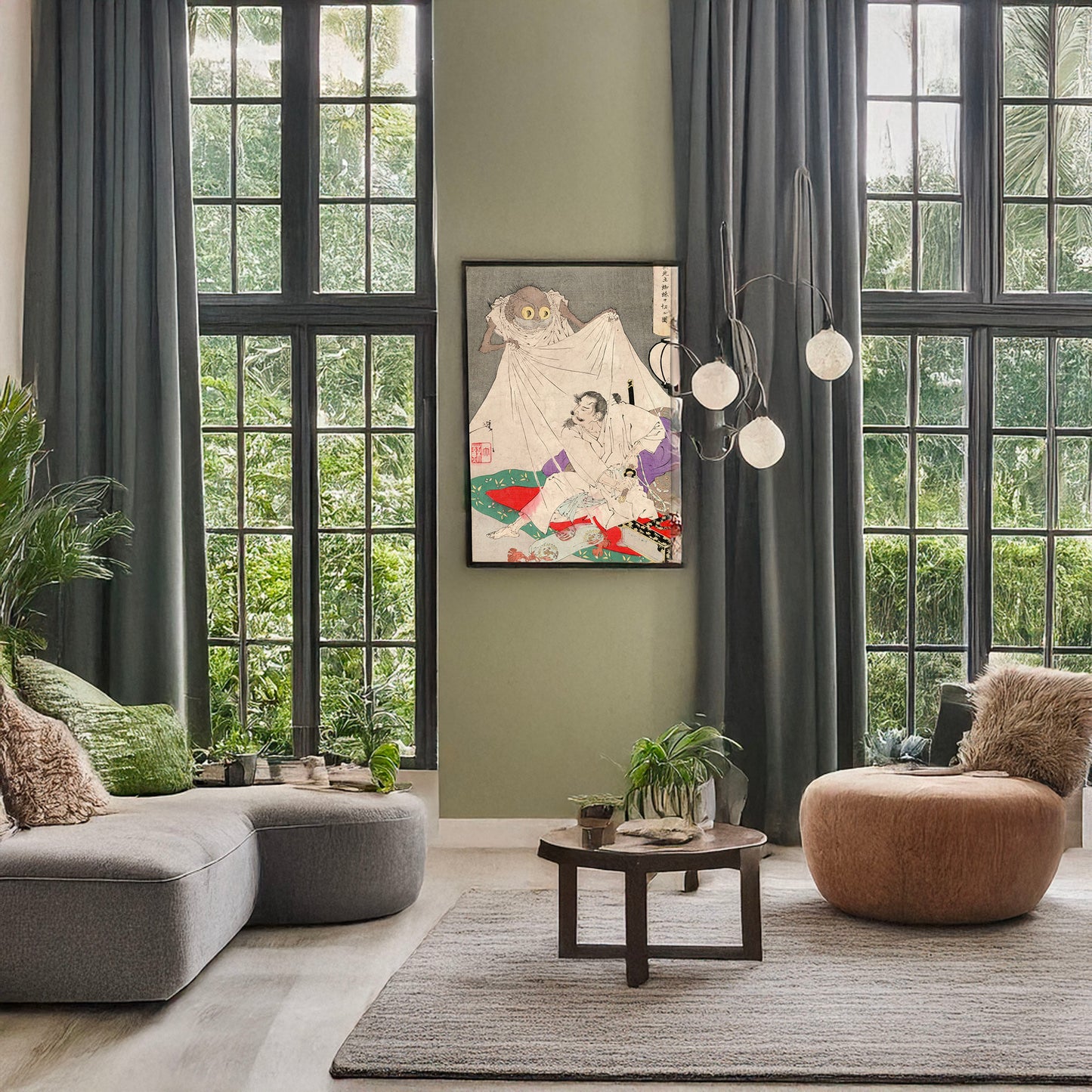 A picture of Tsuchigumo, a mockup of the print leaning against a wall