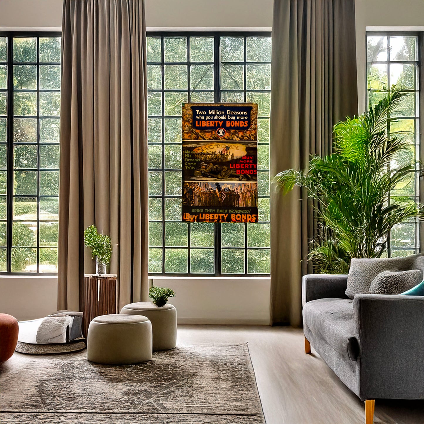 A picture of Two million reasons why you should buy more Liberty Bonds, a mockup of the print leaning against a wall