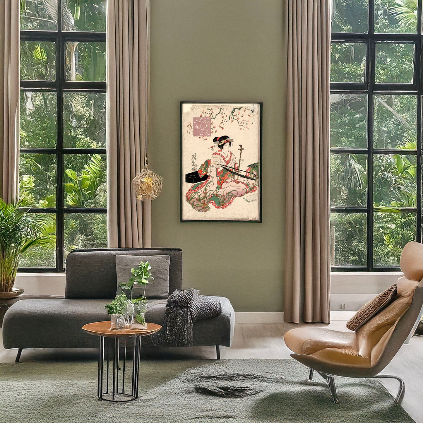 A picture of Ukiyo bijin mitate sankyoku, a mockup of the print leaning against a wall
