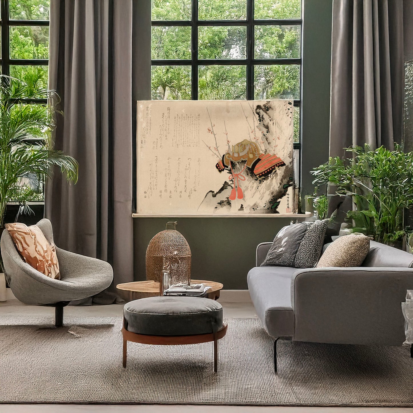 A picture of Ume ni kabuto, a mockup of the print leaning against a wall