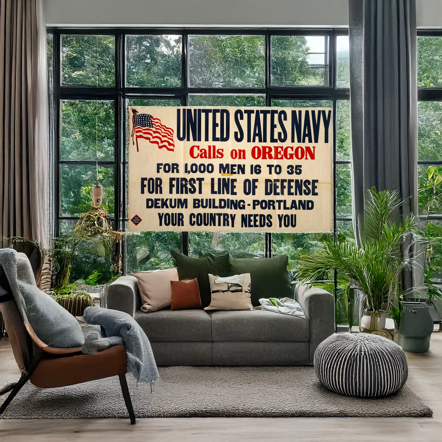 A picture of United States Navy calls on Oregon ..., a mockup of the print leaning against a wall