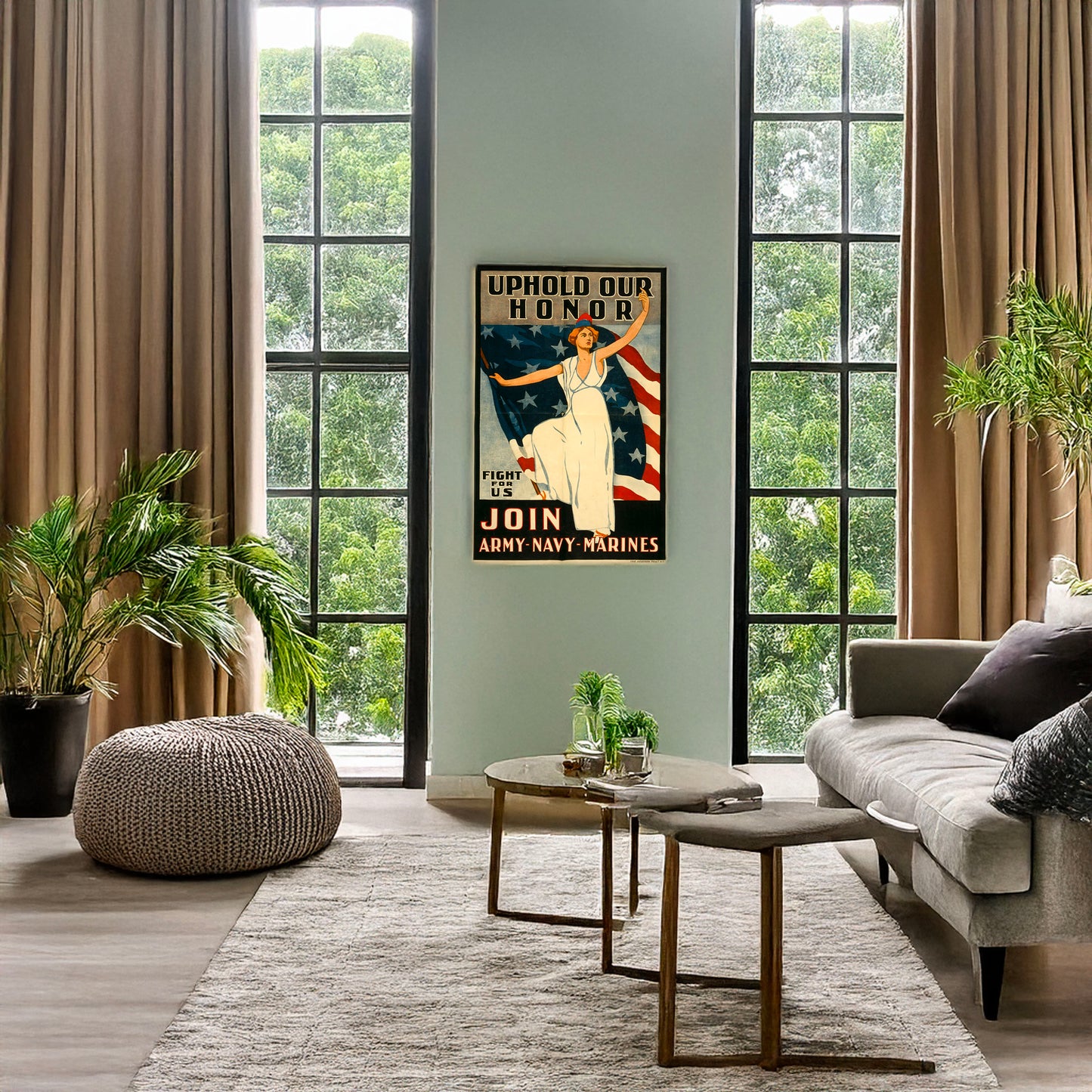 A picture of Uphold our honor--Fight for us Join Army-Navy-Marines., a mockup of the print leaning against a wall