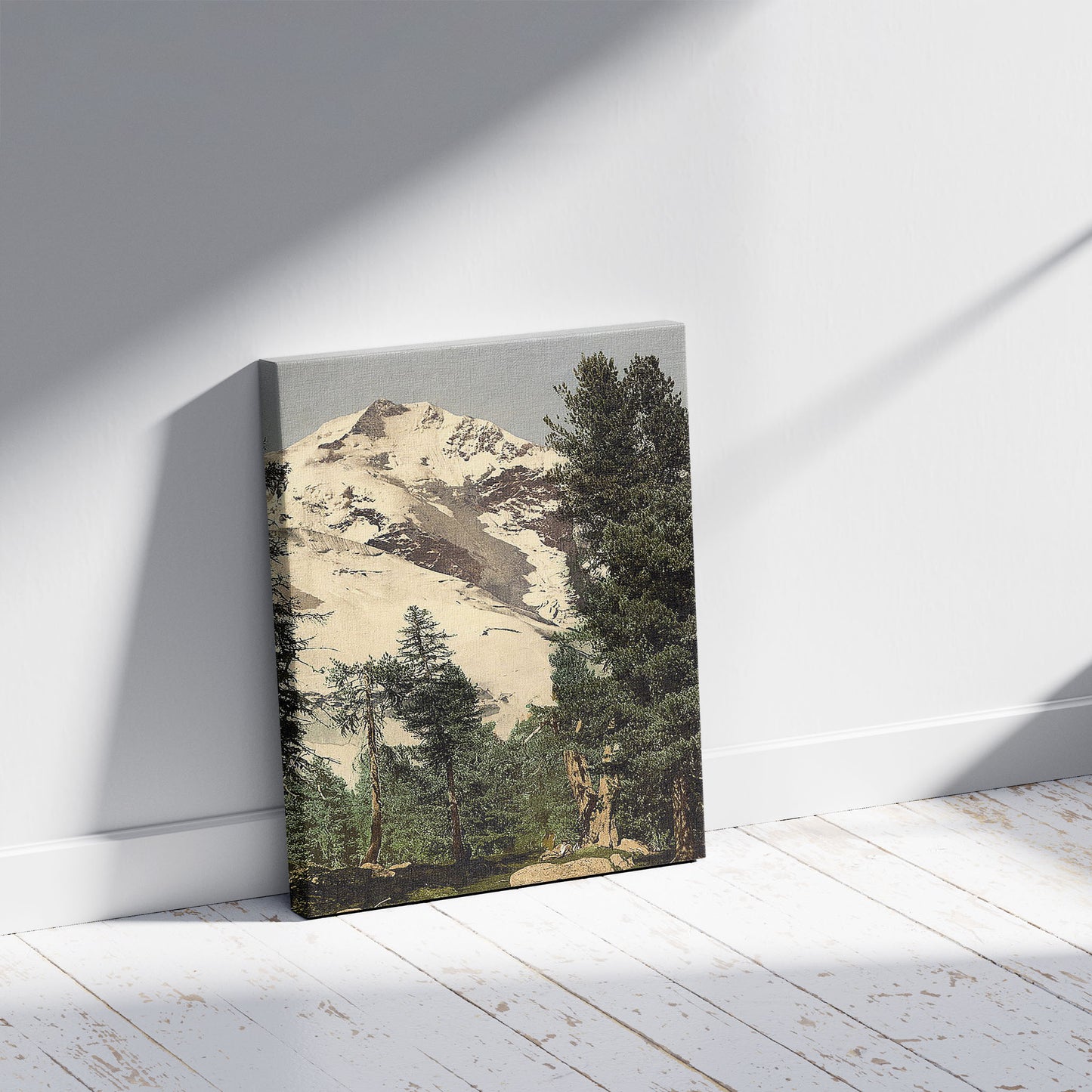 A picture of Upper Engadine, Bernina, Grisons, Switzerland, a mockup of the print leaning against a wall