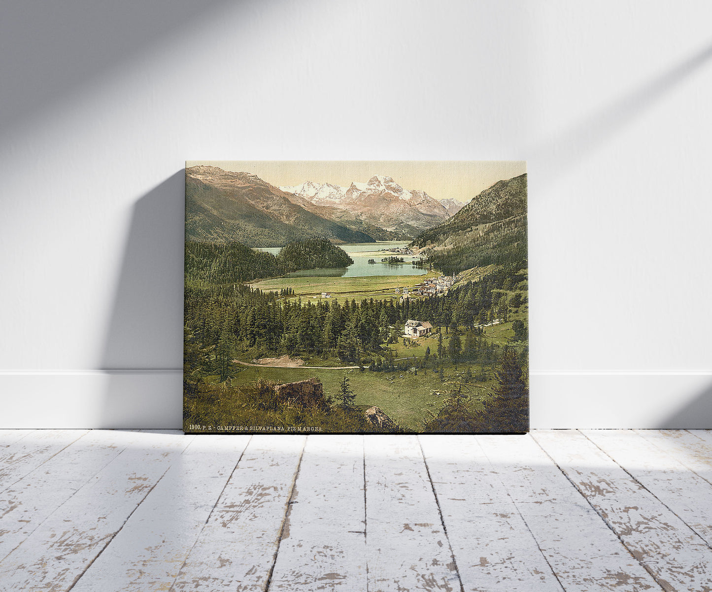 A picture of Upper Engadine, Kampfer and Silverplana, II., Grisons, Switzerland, a mockup of the print leaning against a wall