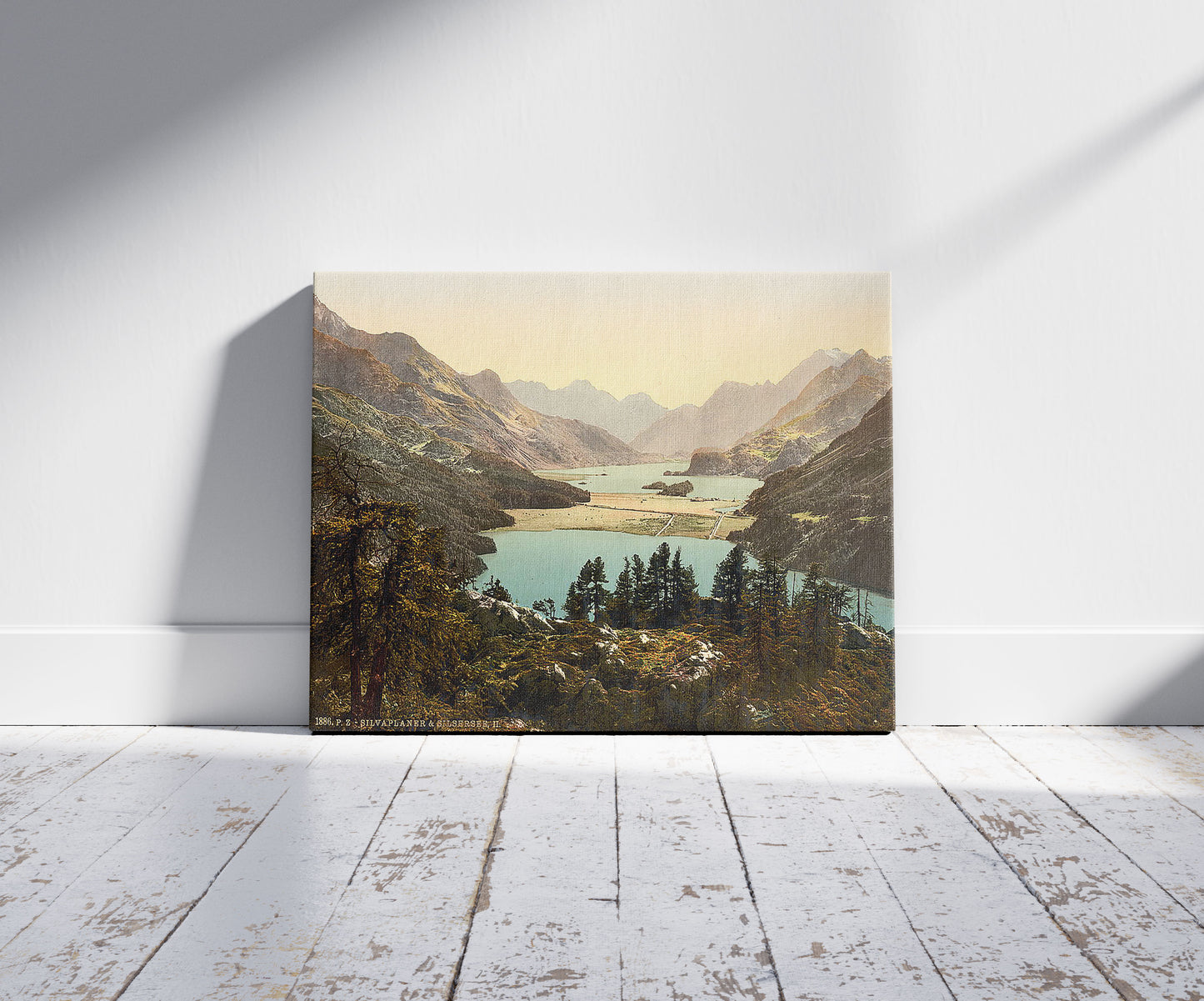 A picture of Upper Engadine, Silvaplana, II., Grisons, Switzerland, a mockup of the print leaning against a wall