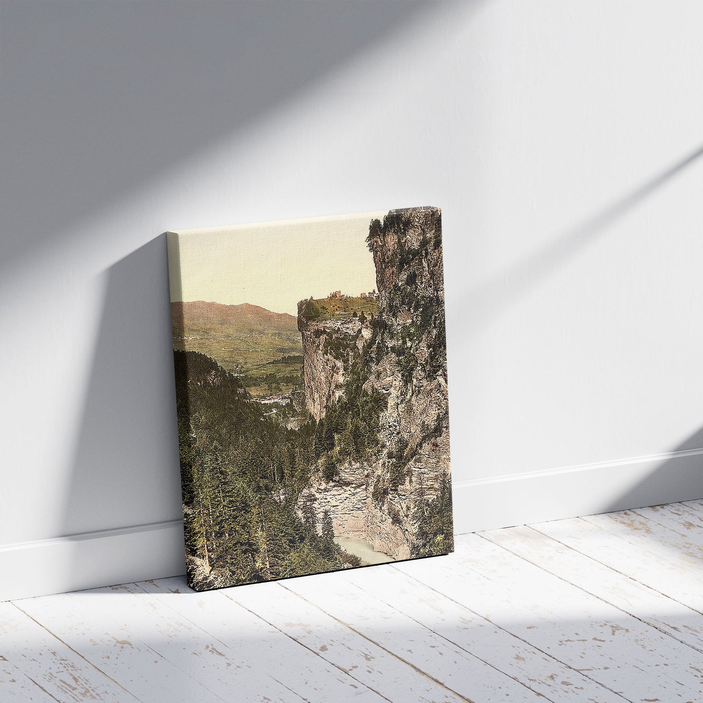 A picture of Upper Engadine, Viamala, Grisons, Switzerland, a mockup of the print leaning against a wall
